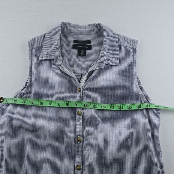 Tahari Striped Sleeveless Shirt Dress 100% Linen Pockets Blue White Medium - Picture 7 of 9
